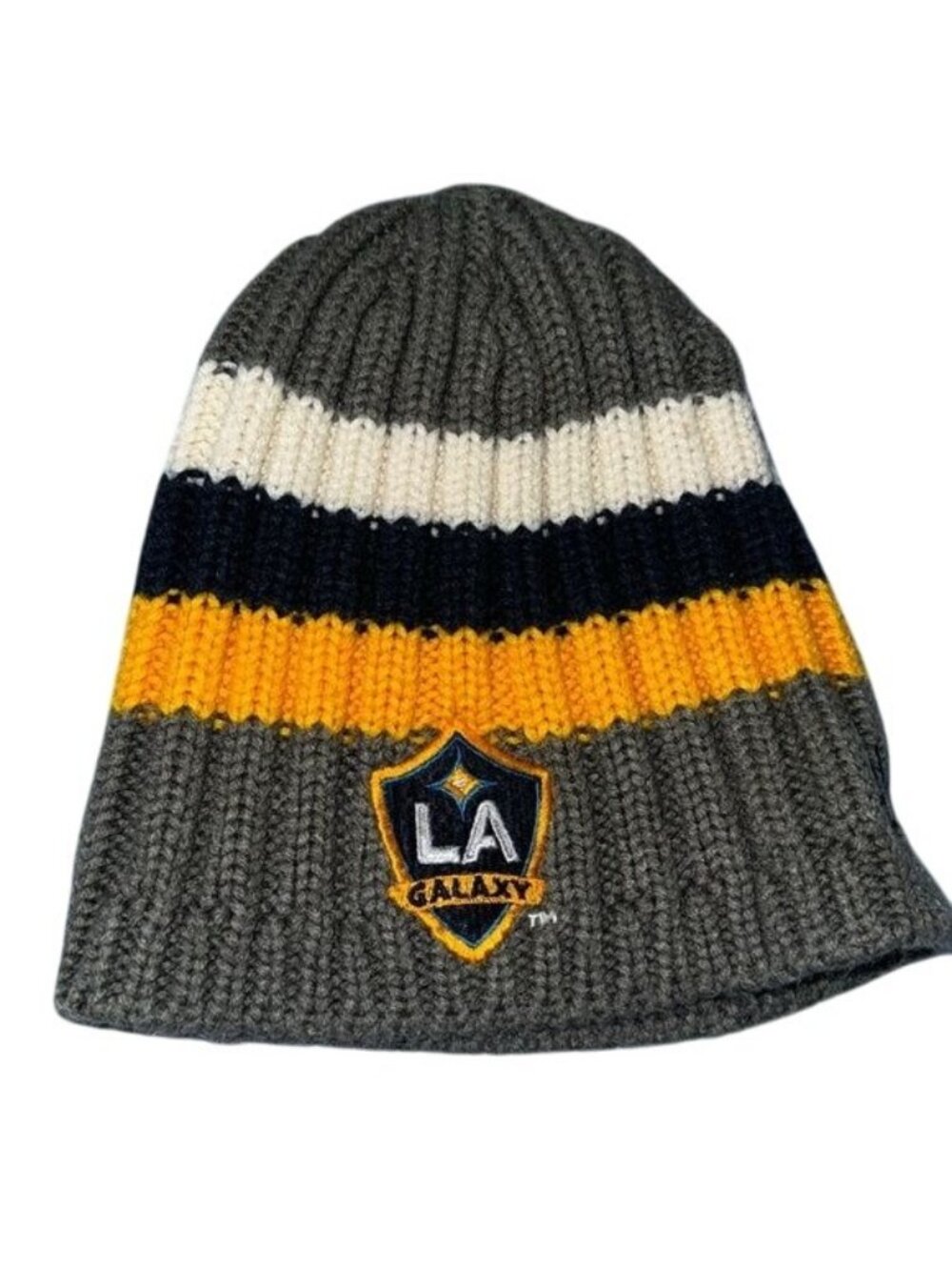 La Galaxy Adidas Striped Beanie Hat One Size Gray Yellow Navy